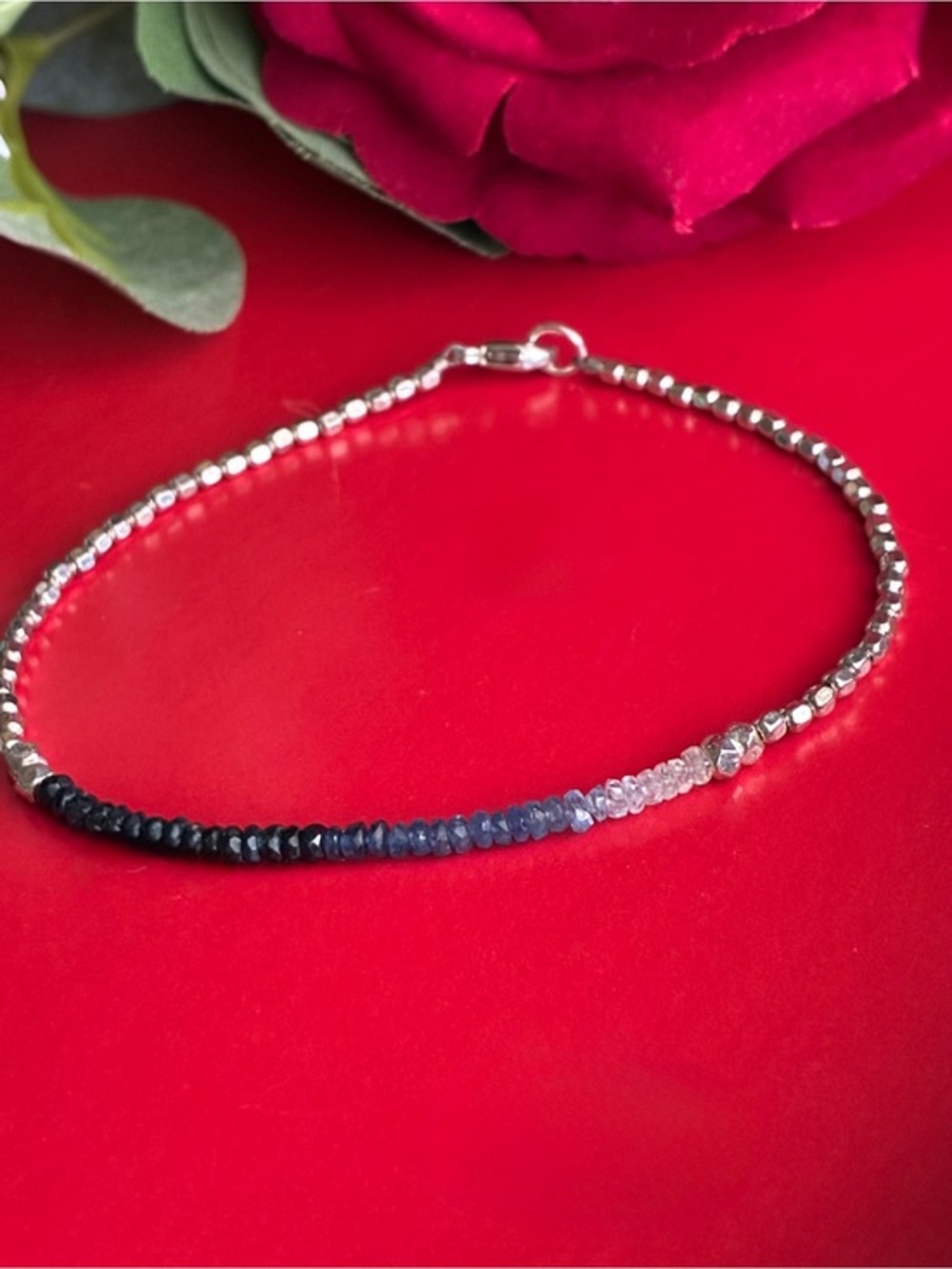 925 Silver Bracelet,Gradient Sapphire and Silver Bead Bracelet - Blue to Black